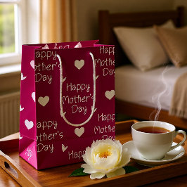 Happy Mother's day dark pink script ミディアムペーパーバッグ