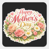 Happy Mother's Day elegant floral black background スクエアシール (正面)