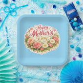 Happy Mother's Day elegant floral wreath blue ペーパープレート (パーティー)