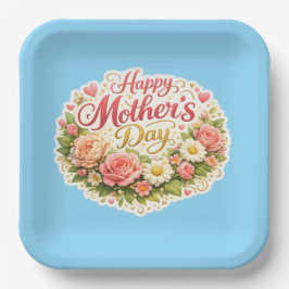 Happy Mother's Day elegant floral wreath blue ペーパープレート