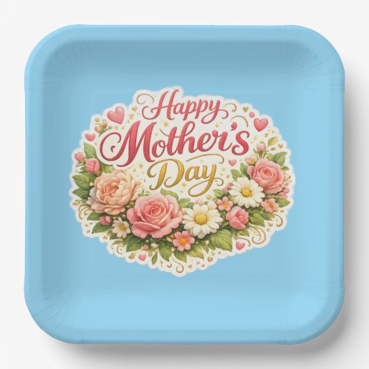 Happy Mother's Day elegant floral wreath blue ペーパープレート (正面)