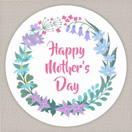 Happy Mother's Day Floral Blue Pink Flower Wreath ラウンドシール