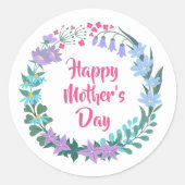 Happy Mother's Day Floral Blue Pink Flower Wreath ラウンドシール (正面)