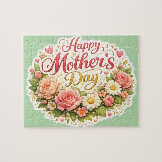 Happy Mother's Day floral wreath, Sage green jigsa ジグソーパズル (横)