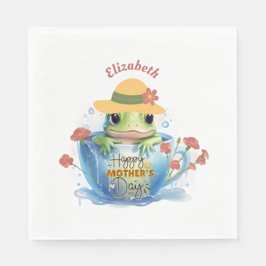 Happy Mother's Day Frog and Hat in a Teacup スタンダードランチョンナプキン (正面)