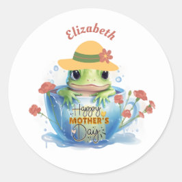 Happy Mother's Day Frog and Hat in a Teacup ラウンドシール