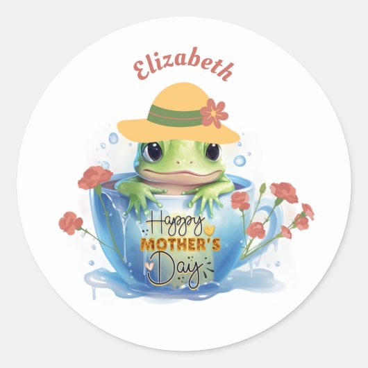 Happy Mother's Day Frog and Hat in a Teacup ラウンドシール (正面)