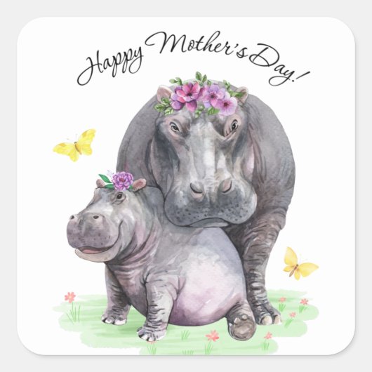 Happy Mothers Day Fun Hippo スクエアシール (正面)