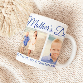 Happy Mothers Day Mom 青い手書きフォトギフト コーヒーマグカップ