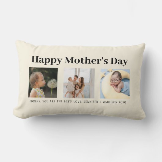Happy Mother's Day Mom Biege Script Photo Keepsake ランバークッション (正面)