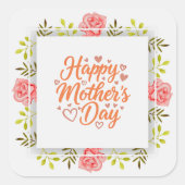 Happy Mother's Day' Pink Watercolor Flower スクエアシール (正面)