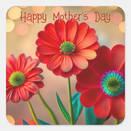 Happy Mother's Day Three Red Daisies Custom Text スクエアシール (正面)