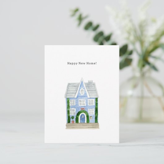 Happy New Home Quote Blue House Illustration Card ポストカード (スタンド正面)
