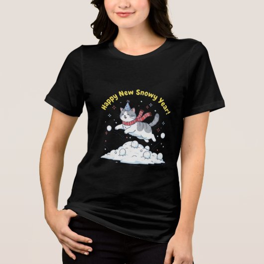 Happy New Snowy Year 2026 Cute Cat Winter Gift トライブレンドＴシャツ (正面)