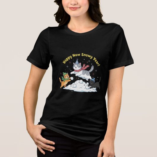 Happy New Snowy Year 2026 Cute Cats Winter トライブレンドＴシャツ (正面)