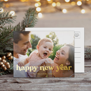 Happy New Yearの金ゴールドミニマル写真 箔シーズンポストカード