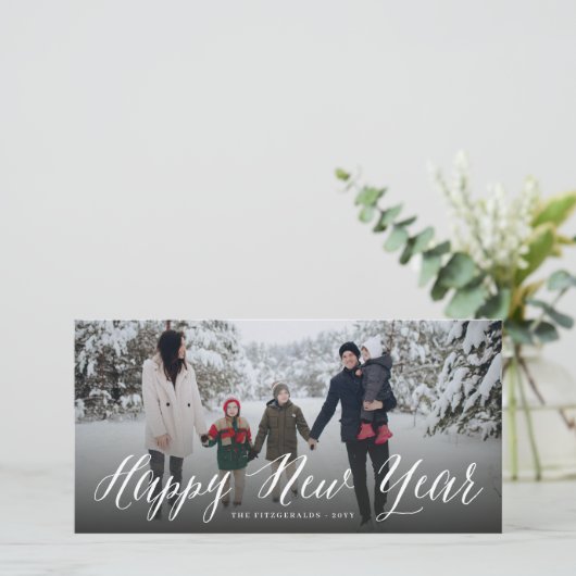 Happy New Yearシンプル Scriptのモダン写ミニマル真 シーズンカード (スタンド正面)
