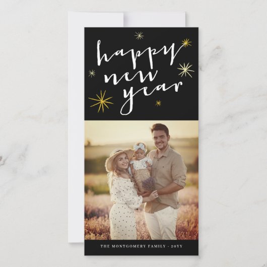 Happy New Yearスクリプトモダン金ゴールドスターバスト写真 シーズンカード (正面)