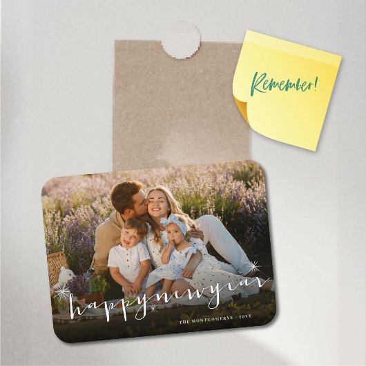 Happy New Yearスクリプトモダン金ゴールドスターバスト写真 マグネット