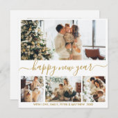 Happy New Yearスクリプト金ゴールドホワイト4フォトコラージュ シーズンカード (正面/裏面)