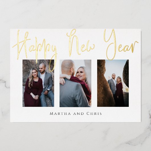 Happy New Yearフォトコラージュエレガントバラ金ゴールド 箔シーズンカード (正面)