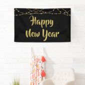 HAPPY NEW YEARブラックと金ゴールドストリングライト 横断幕 (インサイチュ)