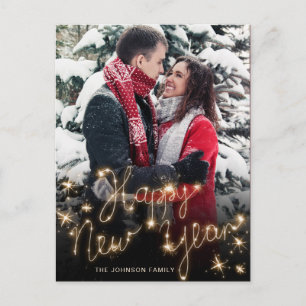 Happy New Year金ゴールドスパークルスクリプトPHOTO Greeting ポストカード