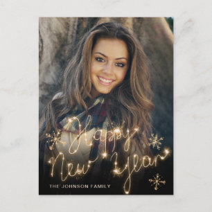 Happy New Year金ゴールドスパークルスクリプトPHOTO Greeting ポストカード