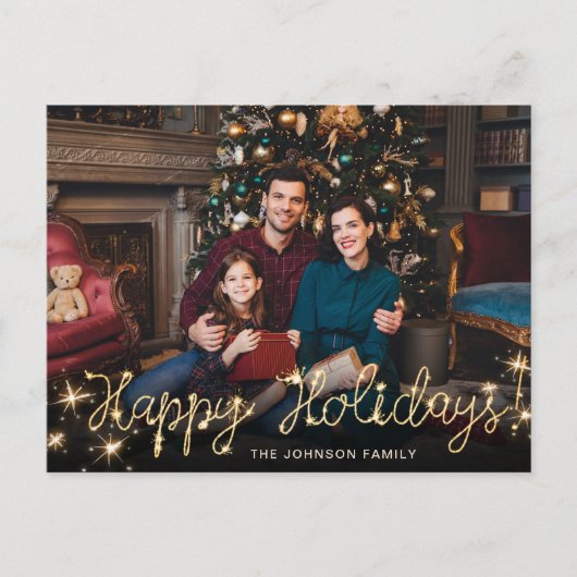 Happy New Year金ゴールドスパークルスクリプトPHOTO Greeting ポストカード (正面)