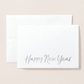 HAPPY NEW YEAR エレガント Script Holiday Photo SILVER 箔カード (封筒付き正面)