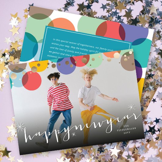 Happy New Year & カラフルおもしろい紙吹雪ドット写真 シーズンカード