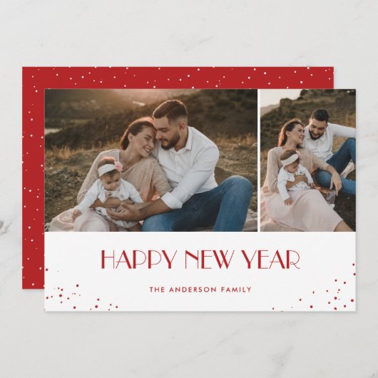 Happy New Year モダン Red Snowy 2の写真 シーズンカード (正面/裏面)