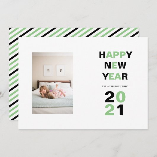 Happy New Year 2021グリーン、黒いタイポグラフィ写真 シーズンカード (正面/裏面)