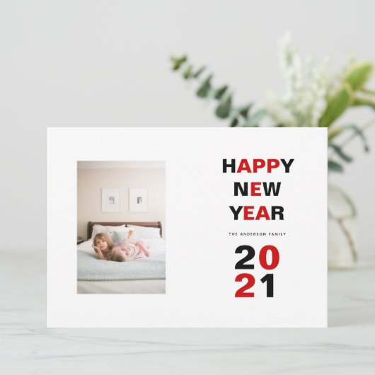 Happy New Year 2021赤、黒いタイポグラフィ写真 シーズンカード (スタンド正面)