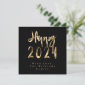 Happy New Year 2024ブラックとエレガント金ゴールドスクリプト シーズンカード (スタンド正面)