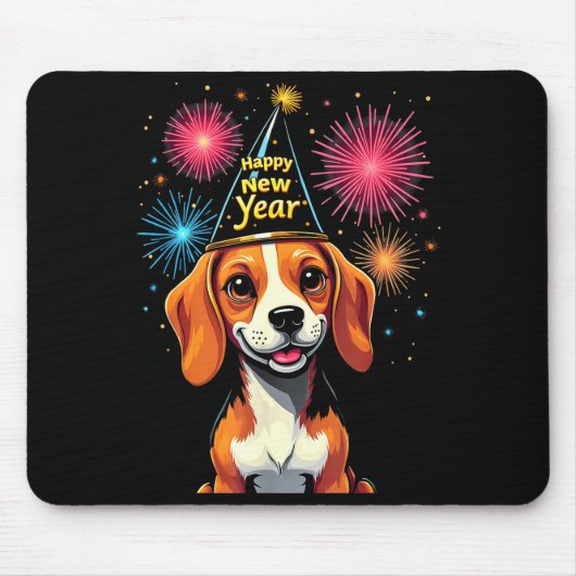 Happy New Year 2025 Eve Firework Dog Funny Beagle  マウスパッド (正面)
