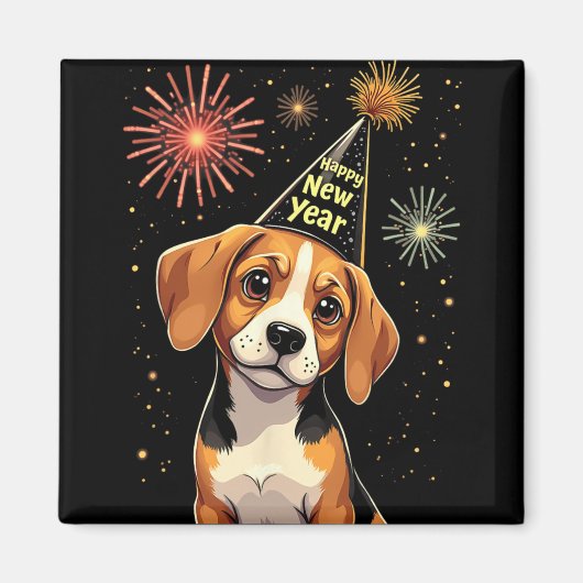 Happy New Year 2025 Eve Firework Dog Funny Beagle  マグネット (正面)