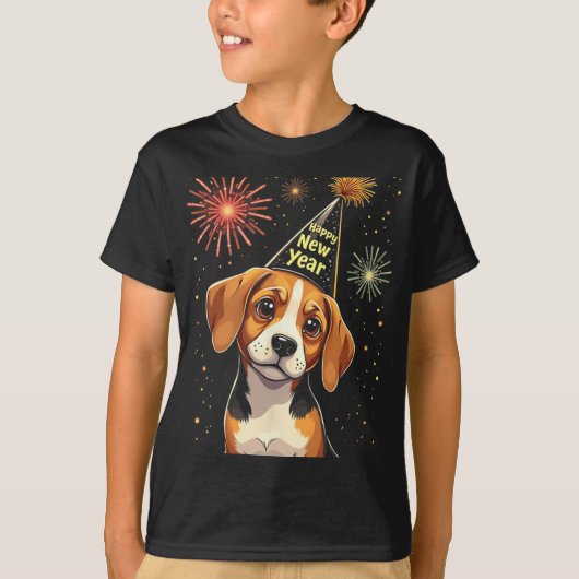 Happy New Year 2025 Eve Firework Dog Funny Beagle  Tシャツ (正面)