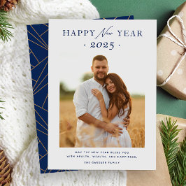 Happy New Year 2025 Navy Blue金ゴールド幾何学写真 シーズンカード