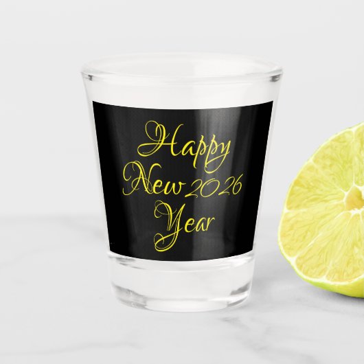 Happy New Year 2026 Black and Yellow Script  ショットグラス (正面)