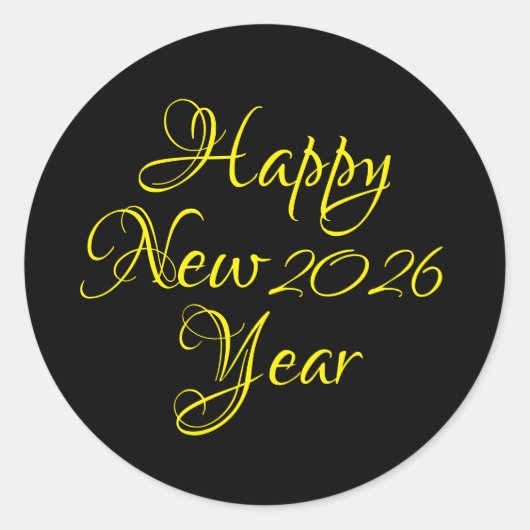 Happy New Year 2026 Black and Yellow Script  ラウンドシール (正面)