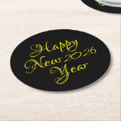 Happy New Year 2026 Black and Yellow Script ラウンドペーパーコースター (アングル)