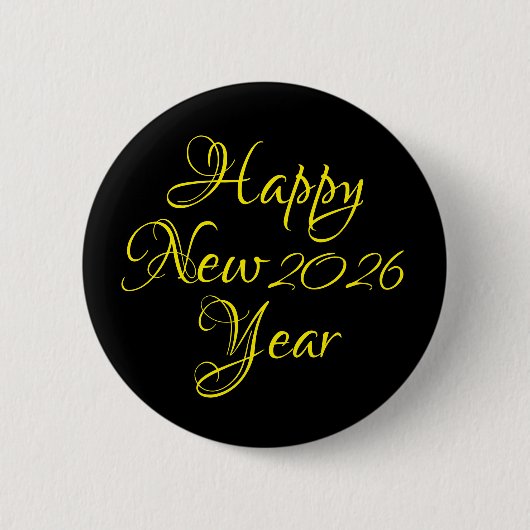 Happy New Year 2026 Black and Yellow Script  缶バッジ (正面)