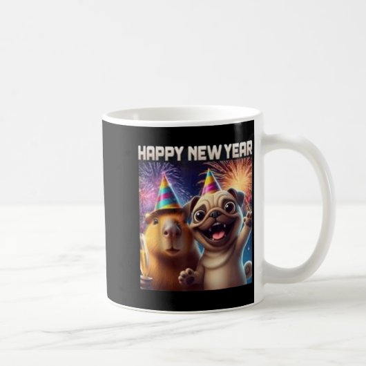 Happy New Year 2026 Capybara Pug Party Art コーヒーマグカップ (右)