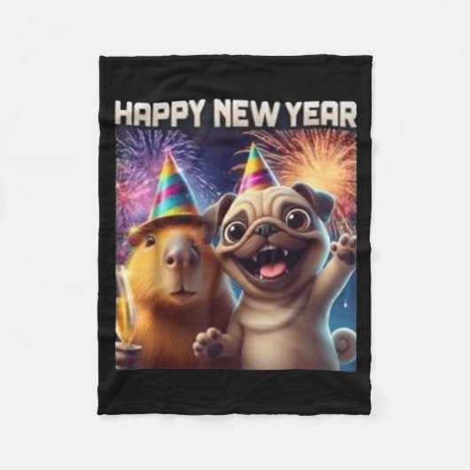 Happy New Year 2026 Capybara Pug Party Art  フリースブランケット (正面)
