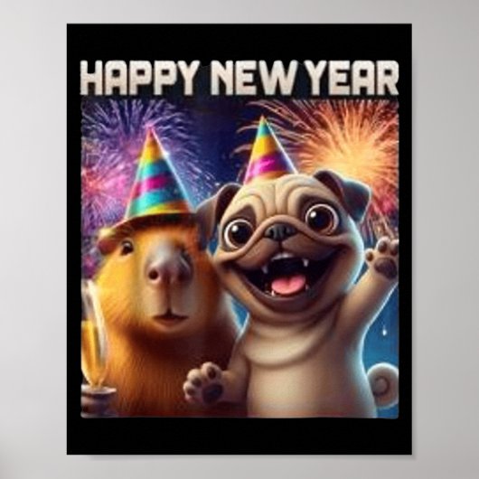 Happy New Year 2026 Capybara Pug Party Art ポスター (正面)