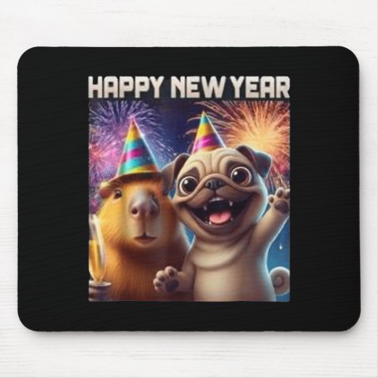 Happy New Year 2026 Capybara Pug Party Art マウスパッド (正面)