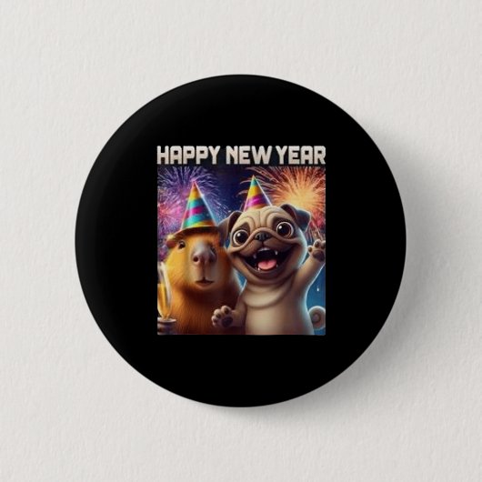 Happy New Year 2026 Capybara Pug Party Art  缶バッジ (正面)