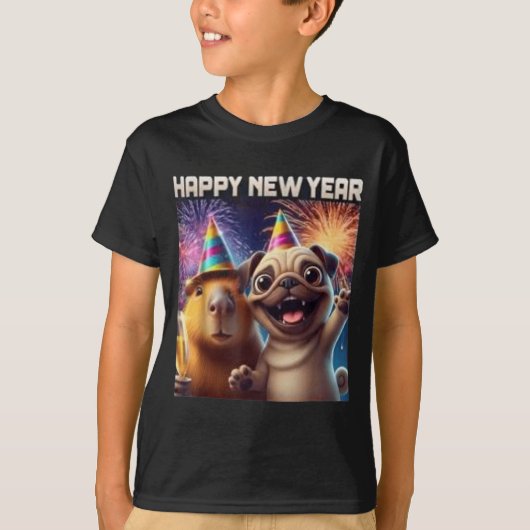 Happy New Year 2026 Capybara Pug Party Art  Tシャツ (正面)