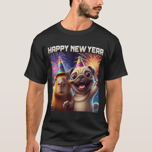 Happy New Year 2026 Capybara Pug Party Art  Tシャツ (正面)